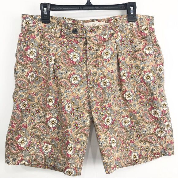 H & M Kaki Red Floral Paisley Pleat Front 100% Cotton Relaxed Shorts - Picture 1 of 16